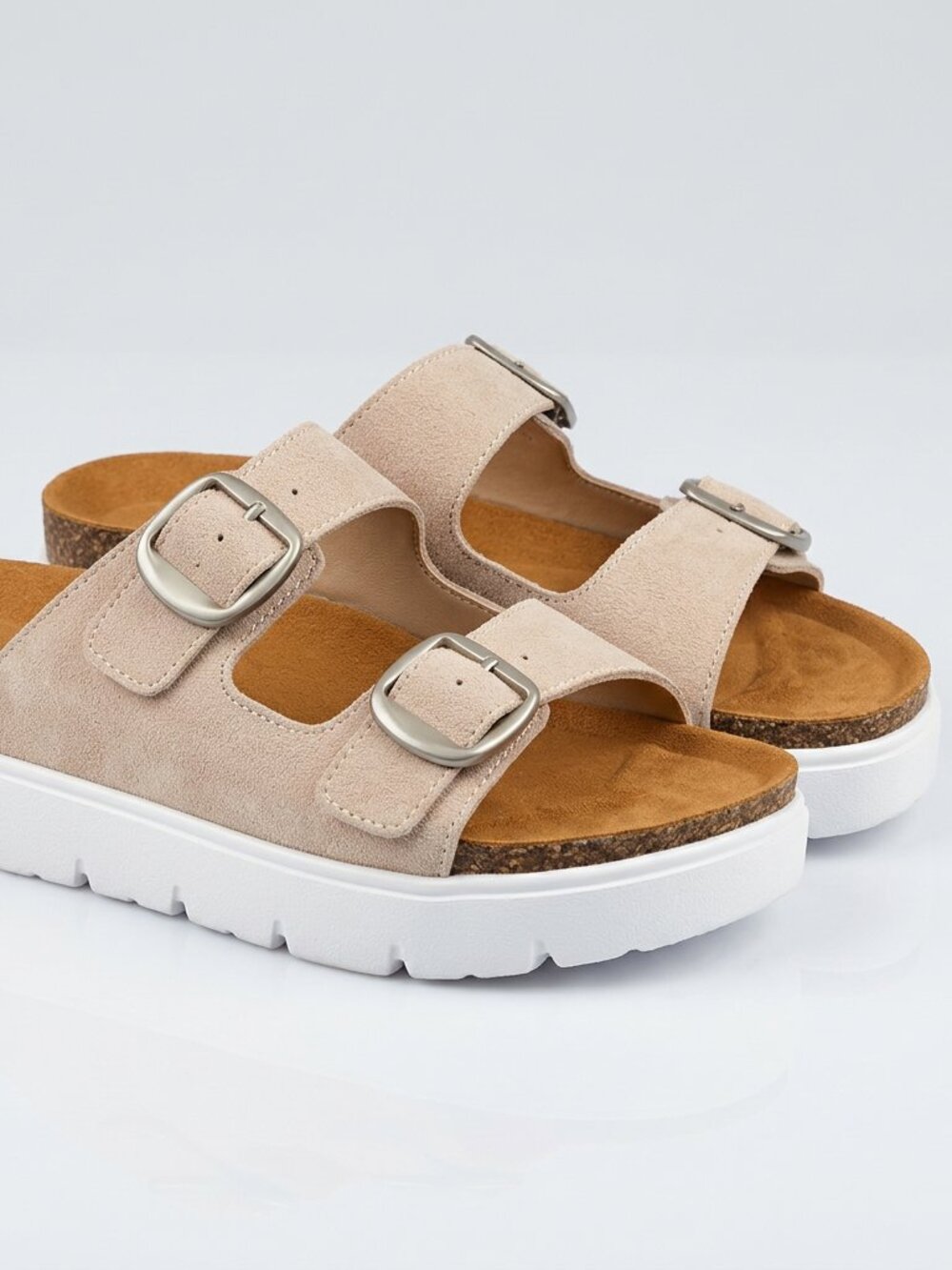 Women’s Beige Double Buckle Platform Sandals – Comfy Casual Slides